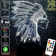 Native American Indian Cheif- 3D LED Night Light 7 Colours + Remote Control - Kustombox