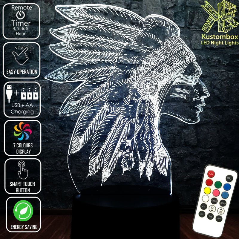 Native American Indian Cheif- 3D LED Night Light 7 Colours + Remote Control - Kustombox