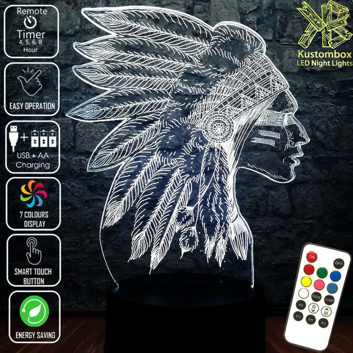 Native American Indian Cheif- 3D LED Night Light 7 Colours + Remote Control - Kustombox