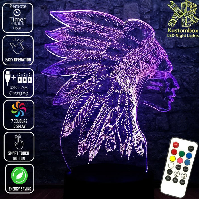 Native American Indian Cheif- 3D LED Night Light 7 Colours + Remote Control - Kustombox