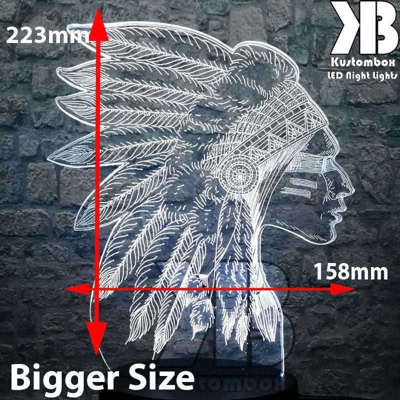 Native American Indian Cheif- 3D LED Night Light 7 Colours + Remote Control - Kustombox