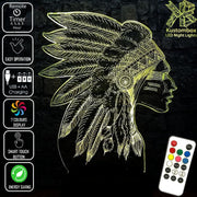 Native American Indian Cheif- 3D LED Night Light 7 Colours + Remote Control - Kustombox