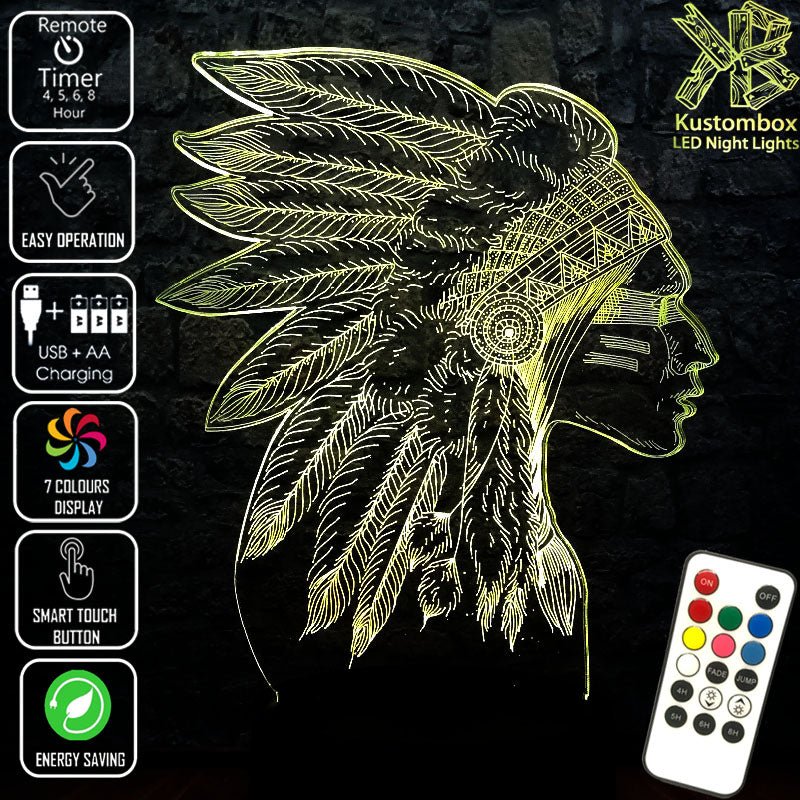 Native American Indian Cheif- 3D LED Night Light 7 Colours + Remote Control - Kustombox