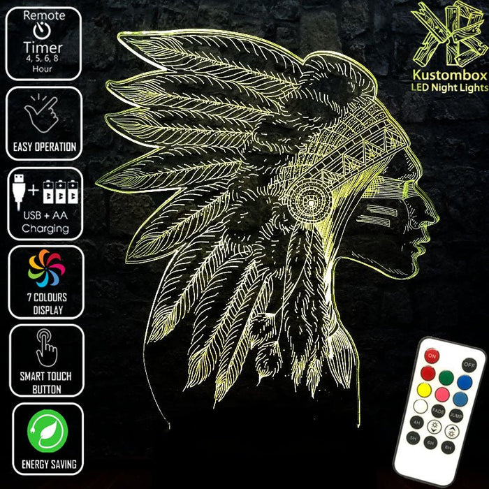 Native American Indian Cheif- 3D LED Night Light 7 Colours + Remote Control - Kustombox