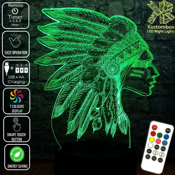 Native American Indian Cheif- 3D LED Night Light 7 Colours + Remote Control - Kustombox