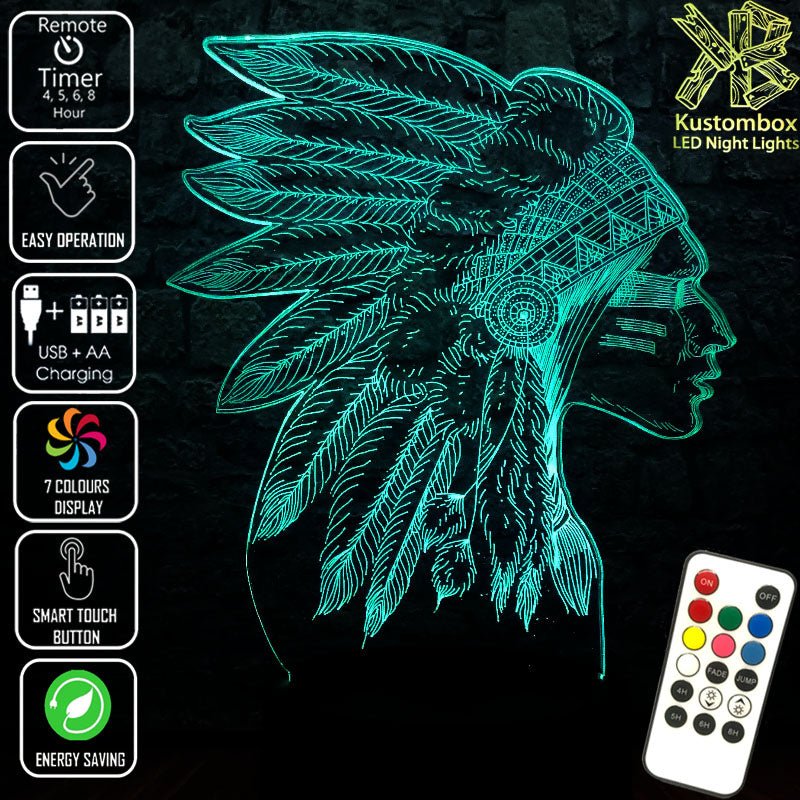 Native American Indian Cheif- 3D LED Night Light 7 Colours + Remote Control - Kustombox