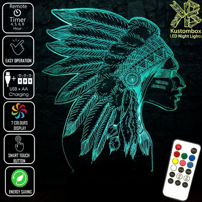Native American Indian Cheif- 3D LED Night Light 7 Colours + Remote Control - Kustombox