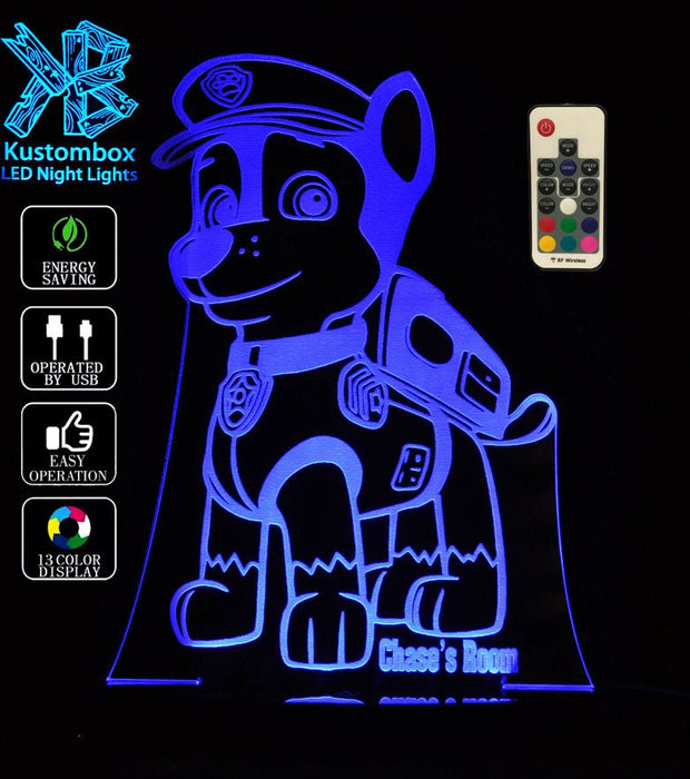 Paw Patrol Chase Personalised Name - 3D LED Night Light 7 Colours + Remote Control - Kustombox