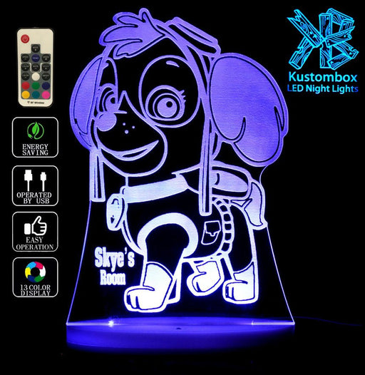 Paw Patrol Skye Personalised Name - 3D LED Night Light 7 Colours + Remote Control - Kustombox