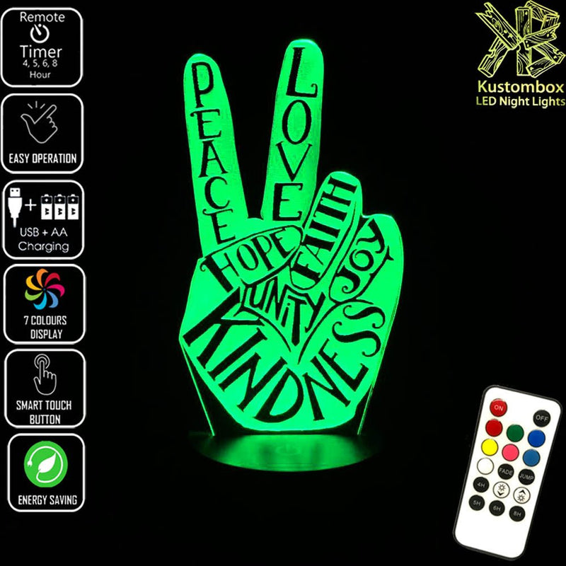 Peace Fingers - 3D LED Night Light 7 Colours + Remote Control - Kustombox