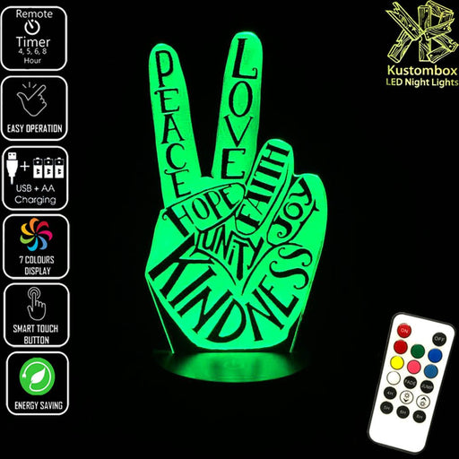 Peace Fingers - 3D LED Night Light 7 Colours + Remote Control - Kustombox