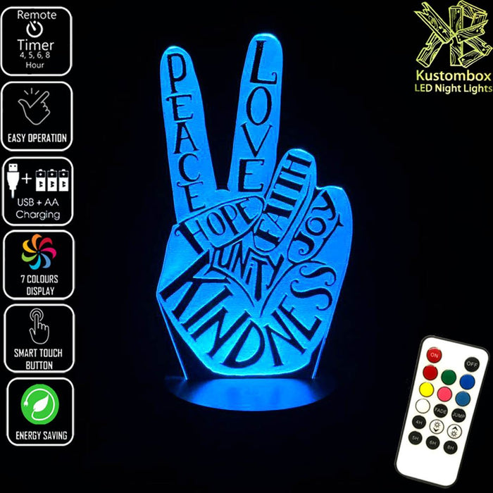 Peace Fingers - 3D LED Night Light 7 Colours + Remote Control - Kustombox