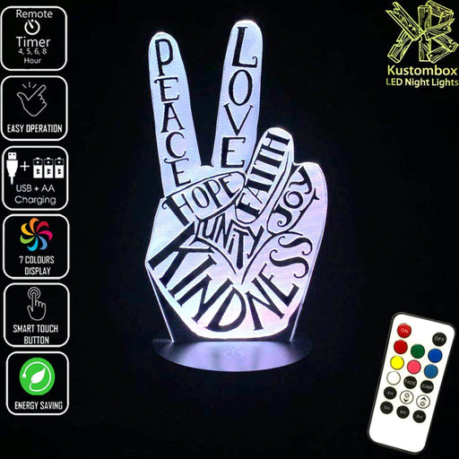 Peace Fingers - 3D LED Night Light 7 Colours + Remote Control - Kustombox