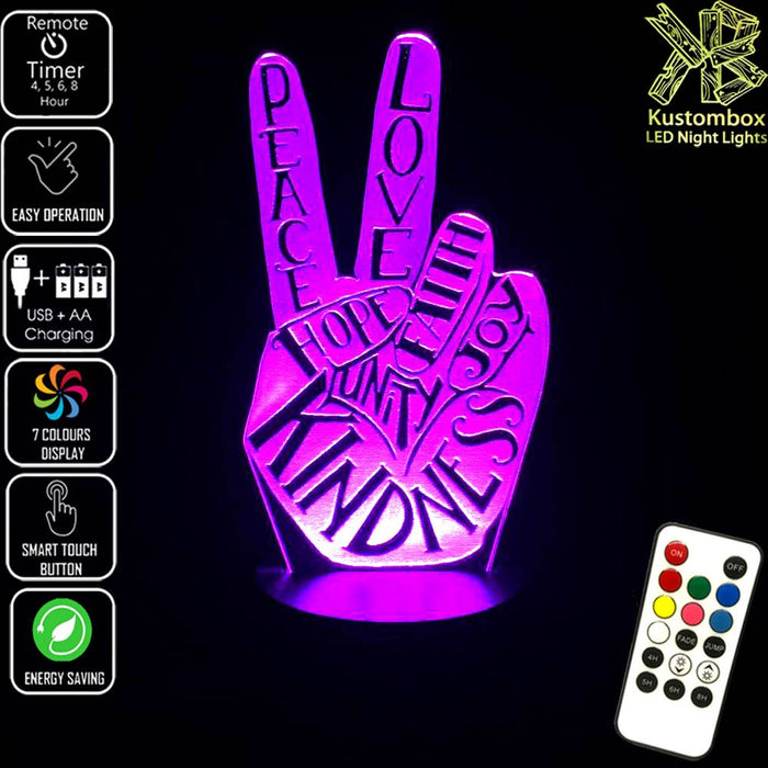 Peace Fingers - 3D LED Night Light 7 Colours + Remote Control - Kustombox