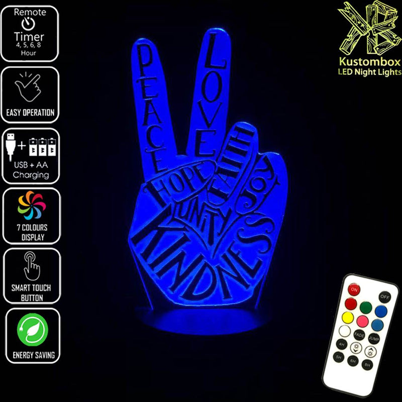 Peace Fingers - 3D LED Night Light 7 Colours + Remote Control - Kustombox