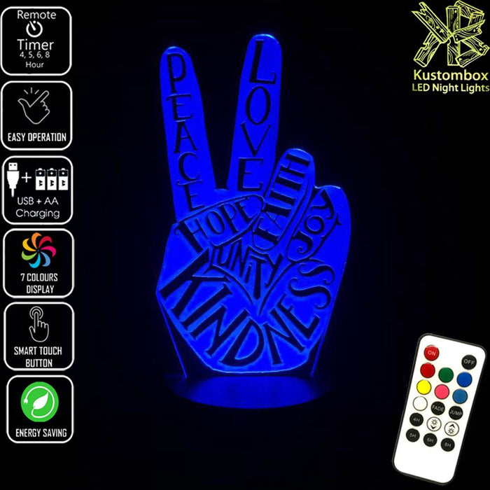 Peace Fingers - 3D LED Night Light 7 Colours + Remote Control - Kustombox