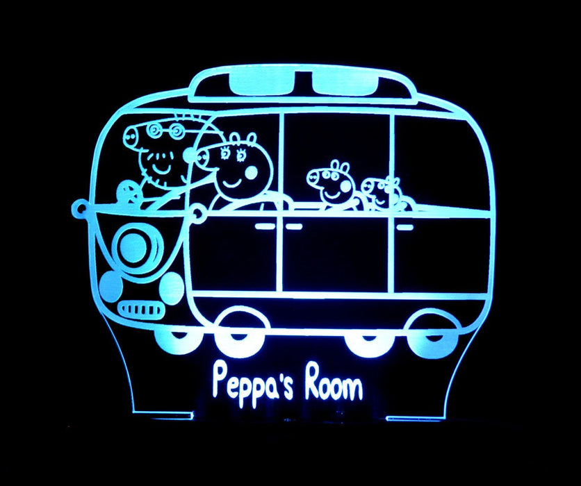 Peppa the Pig Family Bus Personalised Name - 3D LED Night Light 7 Colours + Remote Control - Kustombox