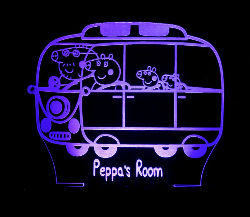 Peppa the Pig Family Bus Personalised Name - 3D LED Night Light 7 Colours + Remote Control - Kustombox