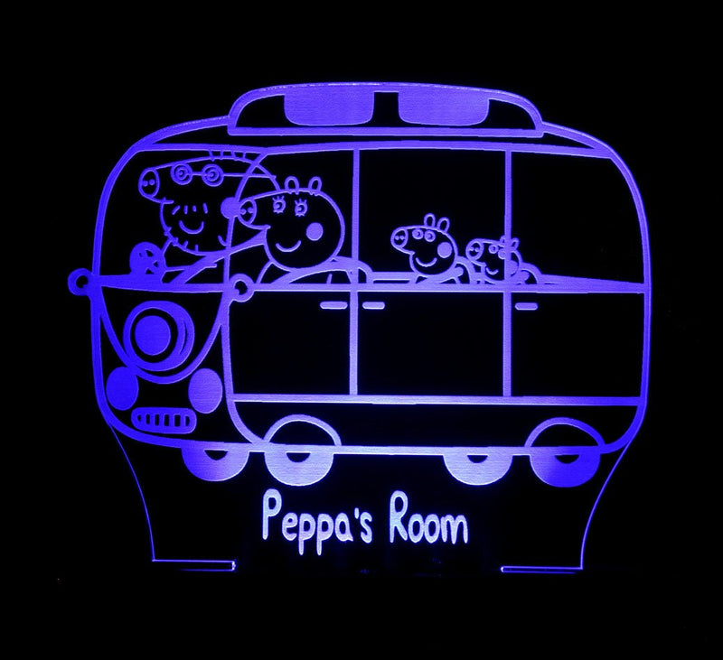 Peppa the Pig Family Bus Personalised Name - 3D LED Night Light 7 Colours + Remote Control - Kustombox