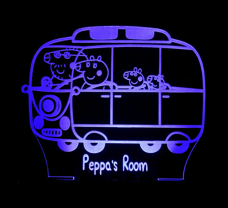 Peppa the Pig Family Bus Personalised Name - 3D LED Night Light 7 Colours + Remote Control - Kustombox