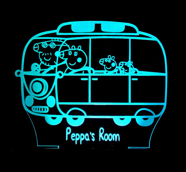 Peppa the Pig Family Bus Personalised Name - 3D LED Night Light 7 Colours + Remote Control - Kustombox