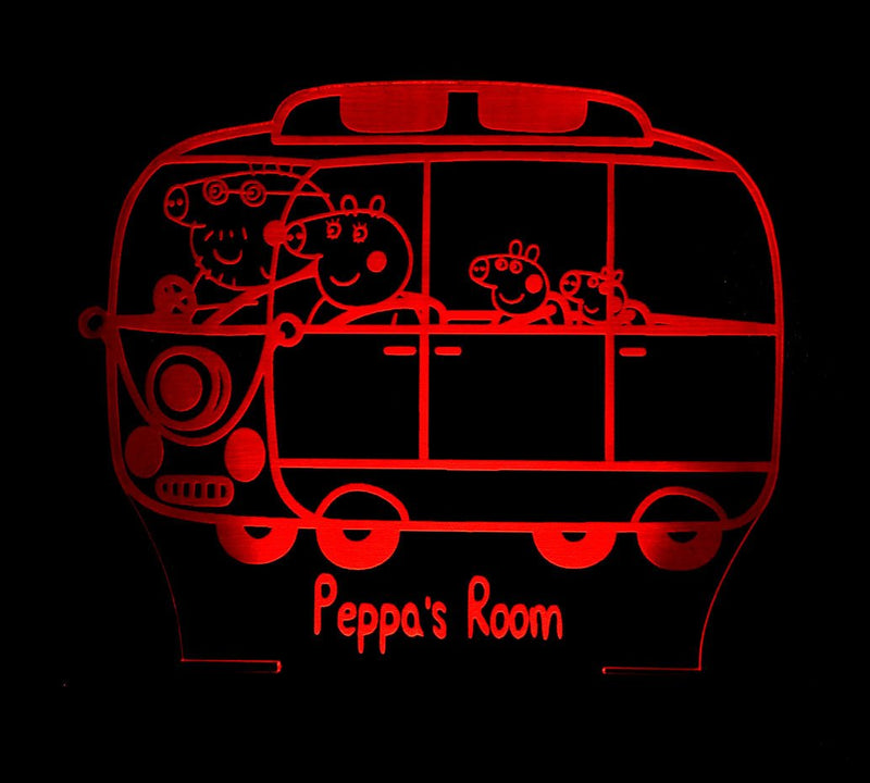 Peppa the Pig Family Bus Personalised Name - 3D LED Night Light 7 Colours + Remote Control - Kustombox