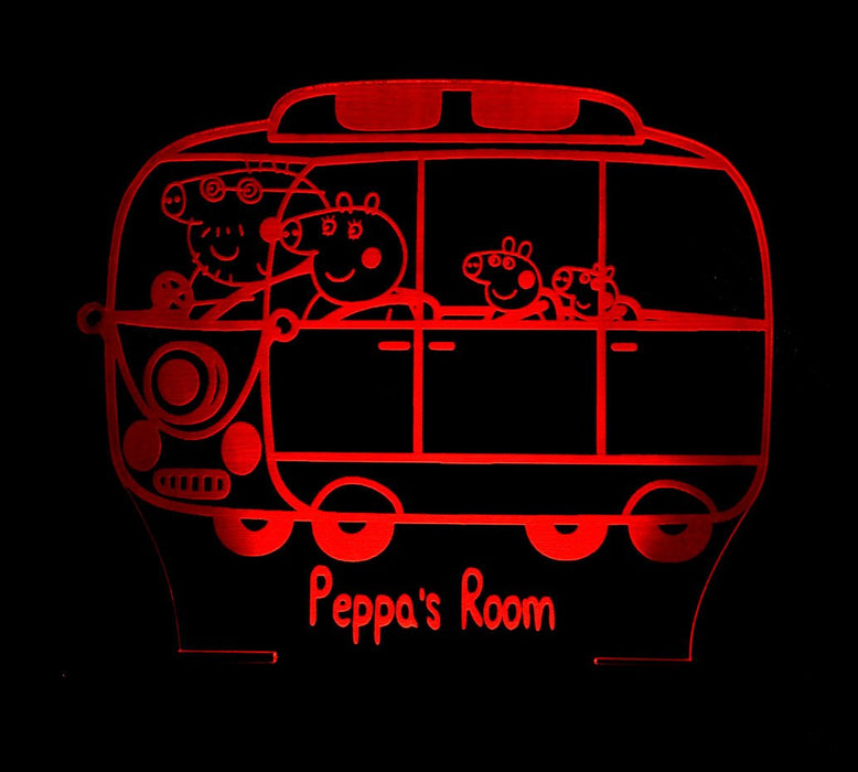 Peppa the Pig Family Bus Personalised Name - 3D LED Night Light 7 Colours + Remote Control - Kustombox