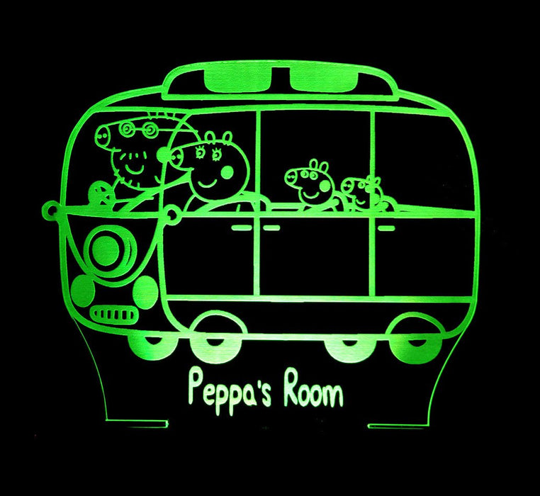 Peppa the Pig Family Bus Personalised Name - 3D LED Night Light 7 Colours + Remote Control - Kustombox