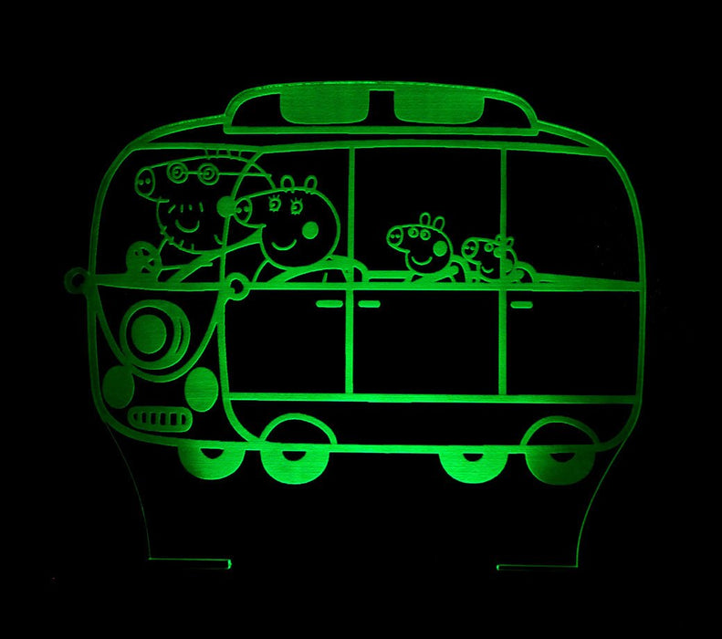Peppa the Pig Family Bus Personalised Name - 3D LED Night Light 7 Colours + Remote Control - Kustombox