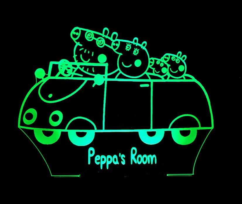 Peppa the Pig Family Car Personalised Name - 3D LED Night Light 7 Colours + Remote Control - Kustombox