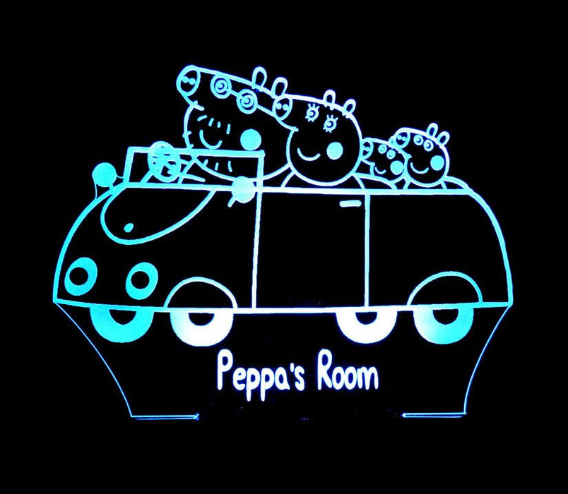 Peppa the Pig Family Car Personalised Name - 3D LED Night Light 7 Colours + Remote Control - Kustombox