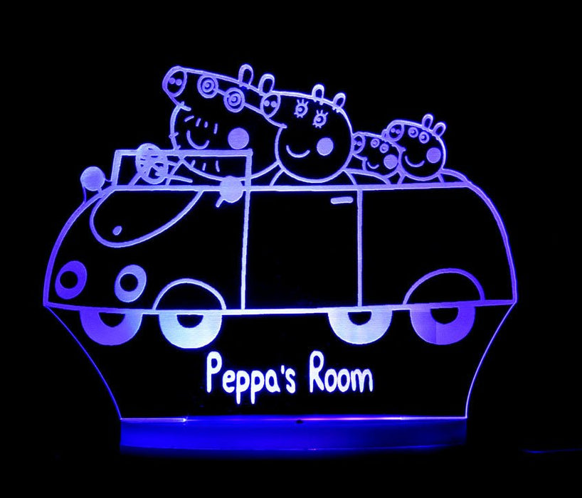 Peppa the Pig Family Car Personalised Name - 3D LED Night Light 7 Colours + Remote Control - Kustombox