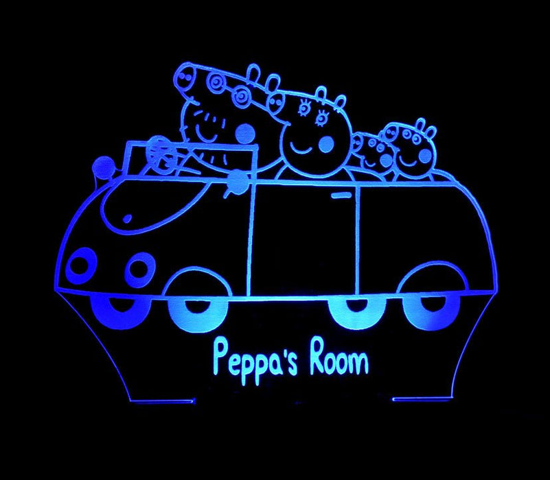 Peppa the Pig Family Car Personalised Name - 3D LED Night Light 7 Colours + Remote Control - Kustombox