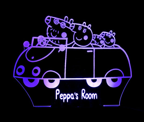 Peppa the Pig Family Car Personalised Name - 3D LED Night Light 7 Colours + Remote Control - Kustombox