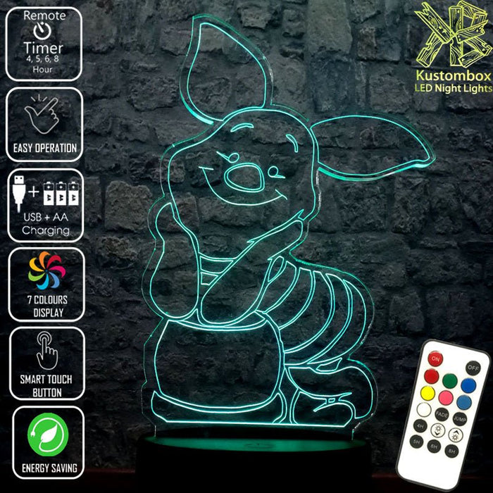 Piglet from Winnie the Pooh Disney- 3D LED Night Light 7 Colours + Remote Control - Kustombox