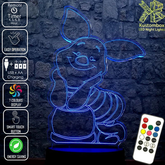 Piglet from Winnie the Pooh Disney- 3D LED Night Light 7 Colours + Remote Control - Kustombox