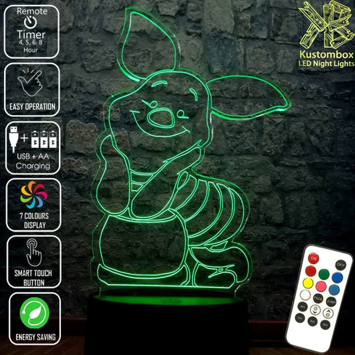 Piglet from Winnie the Pooh Disney- 3D LED Night Light 7 Colours + Remote Control - Kustombox