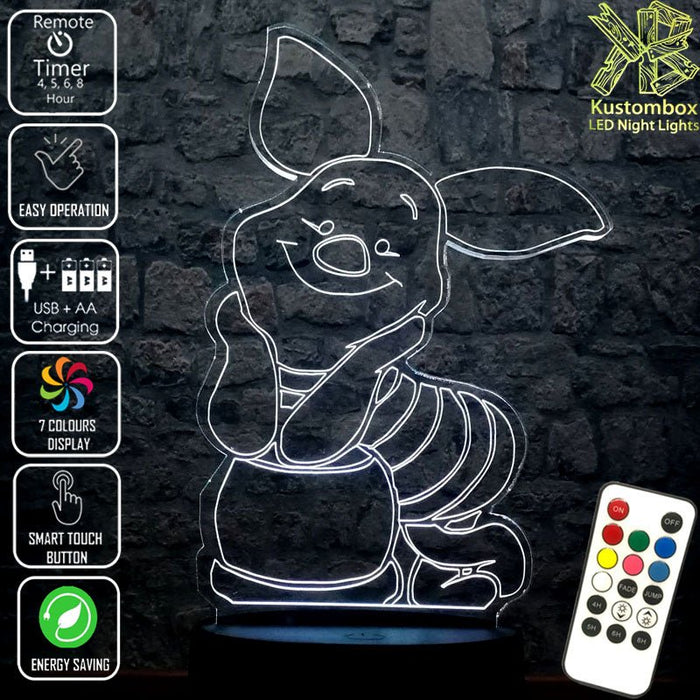 Piglet from Winnie the Pooh Disney- 3D LED Night Light 7 Colours + Remote Control - Kustombox