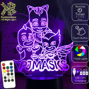 PJ Masks Catboy, Owlette and Gekko- 3D LED Night Light 7 Colours + Remote Control - Kustombox