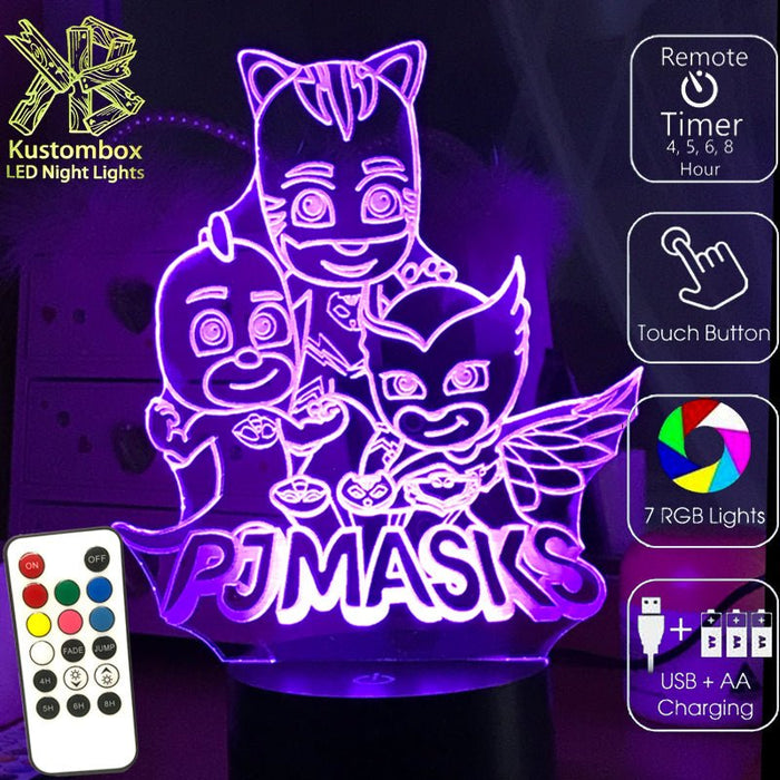 PJ Masks Catboy, Owlette and Gekko- 3D LED Night Light 7 Colours + Remote Control - Kustombox