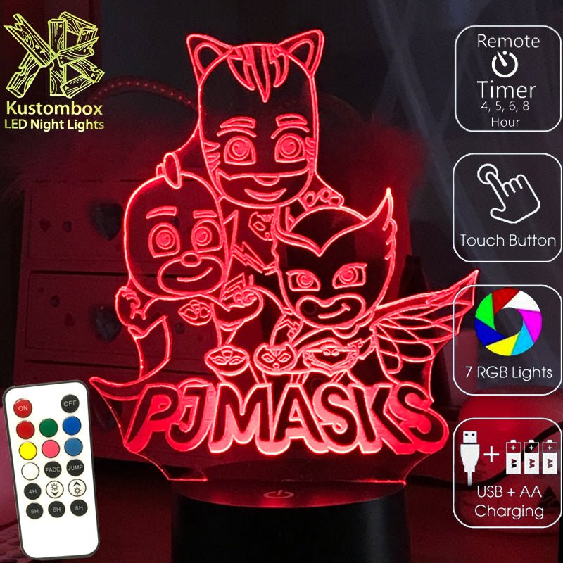 PJ Masks Catboy, Owlette and Gekko- 3D LED Night Light 7 Colours + Remote Control - Kustombox