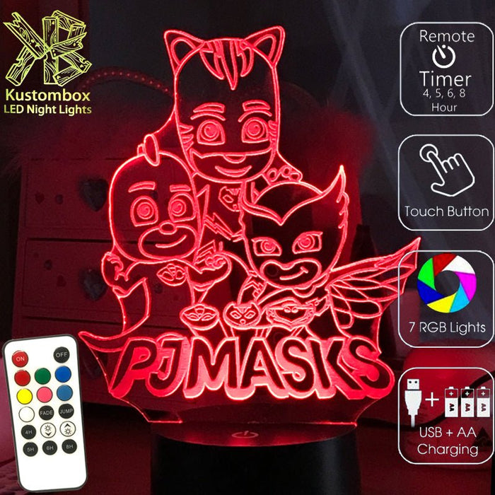 PJ Masks Catboy, Owlette and Gekko- 3D LED Night Light 7 Colours + Remote Control - Kustombox