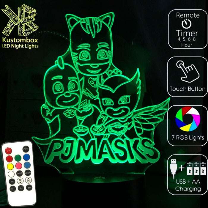 PJ Masks Catboy, Owlette and Gekko- 3D LED Night Light 7 Colours + Remote Control - Kustombox