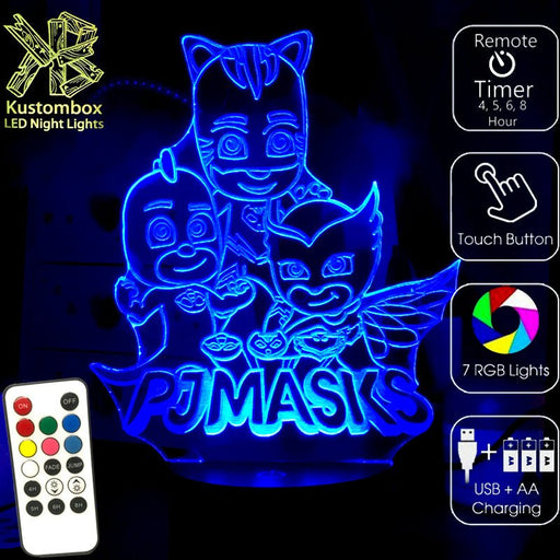 PJ Masks Catboy, Owlette and Gekko- 3D LED Night Light 7 Colours + Remote Control - Kustombox