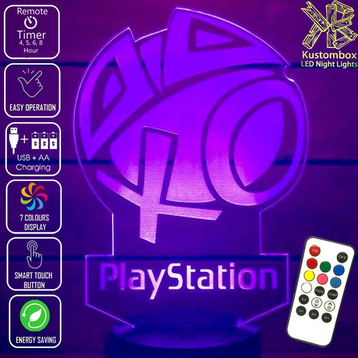 Playstation Logo PS- 3D LED Night Light 7 Colours + Remote Control - Kustombox