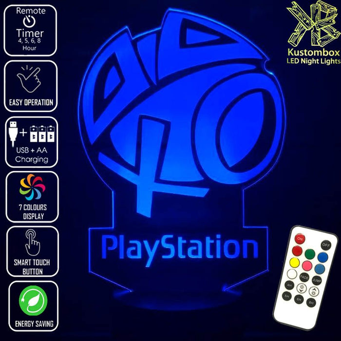 Playstation Logo PS- 3D LED Night Light 7 Colours + Remote Control - Kustombox