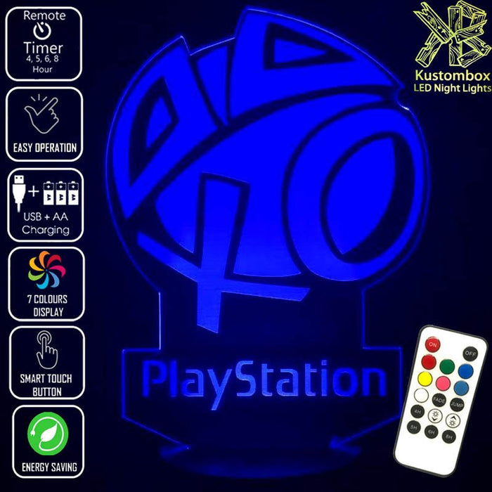 Playstation Logo PS- 3D LED Night Light 7 Colours + Remote Control - Kustombox