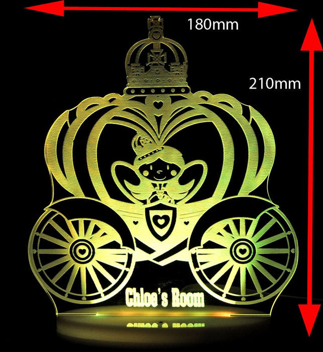 Princess Carriage Personalised Name - 3D LED Night Light 7 Colours + Remote Control - Kustombox