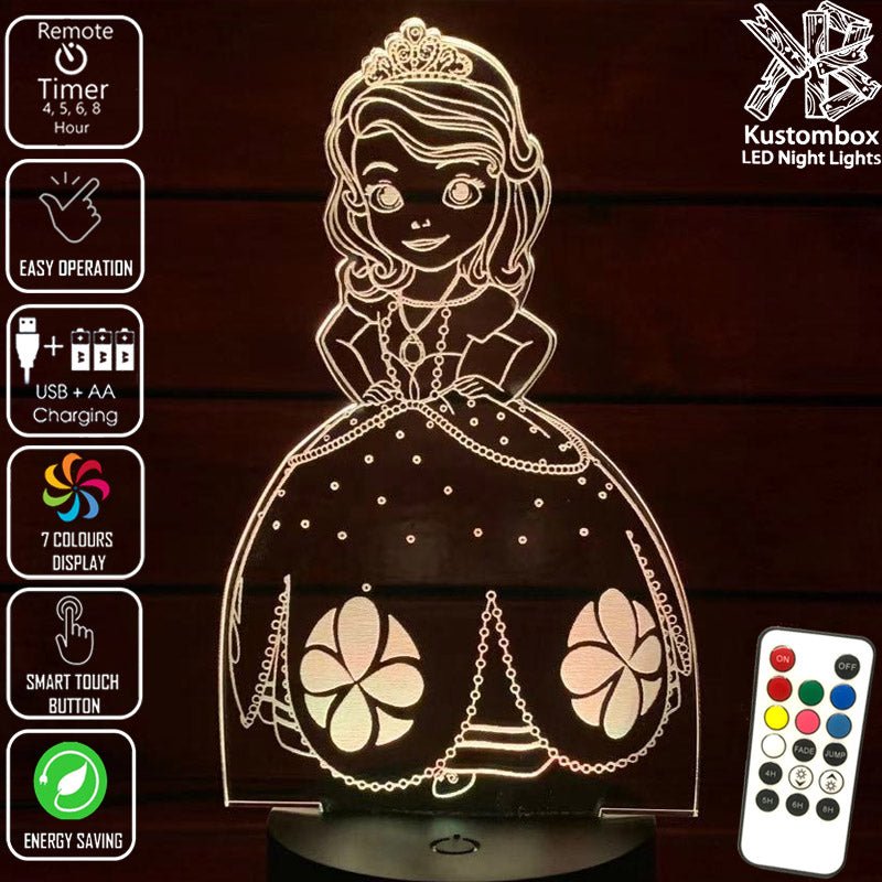 Princess Sofia 3D LED Night Light 7 Colours + Remote Control - Kustombox