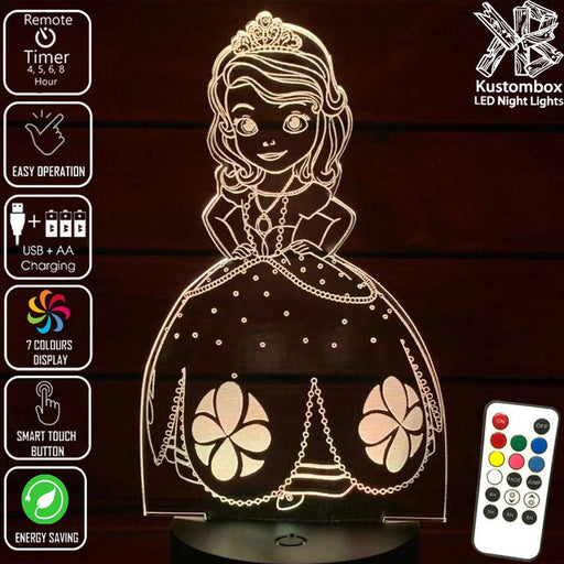 Princess Sofia 3D LED Night Light 7 Colours + Remote Control - Kustombox